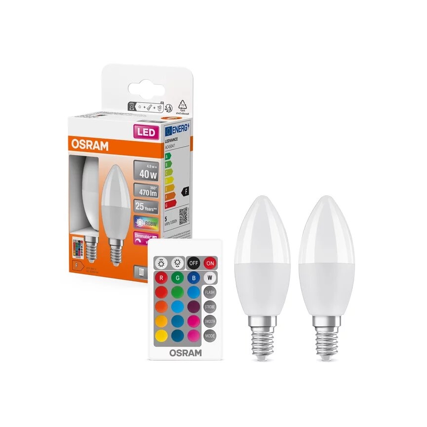 ΣΕΤ 2x Λάμπα LED RGBW Dimmable B38 E14/4,9W/230V 2700K + τηλεχειριστήριο - Osram