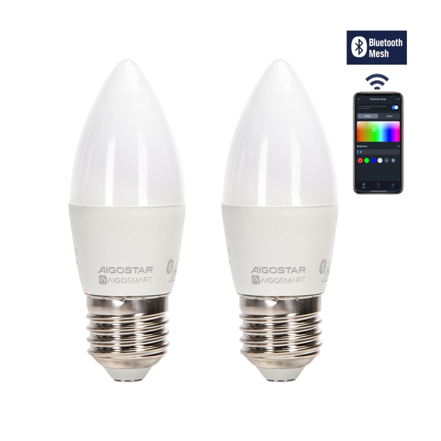 ΣΕΤ 2x Λάμπα LED RGBW Dimmable MESH Smart C37 E27/6,5W/230V 2700-6500K + τηλεχειριστήριο - Aigostar