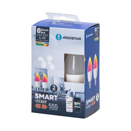 ΣΕΤ 2x Λάμπα LED RGBW Dimmable MESH Smart C37 E27/6,5W/230V 2700-6500K + τηλεχειριστήριο - Aigostar