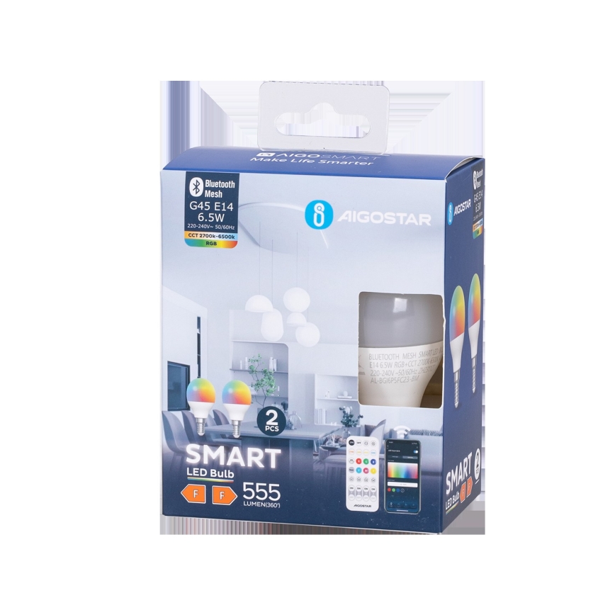 ΣΕΤ 2x Λάμπα LED RGBW Dimmable MESH Smart G45 E14/6,5W/230V 2700-6500K - Aigostar