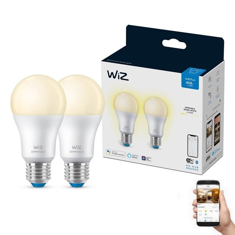 ΣΕΤ 2x Λαμπτήρας Dimming LED A60 E27/8W/230V 2700K CRI 90 Wi-Fi - WiZ