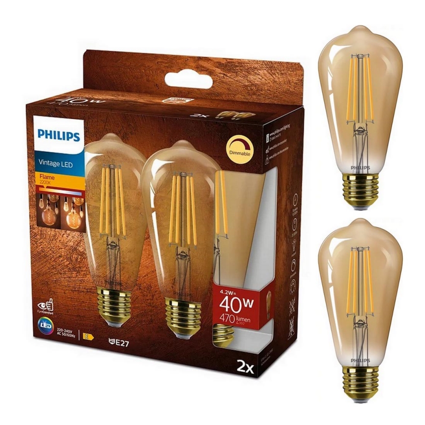ΣΕΤ 2x Λαμπτήρας Dimming LED VINTAGE Philips ST64 E27/4,2W/230V 2200K