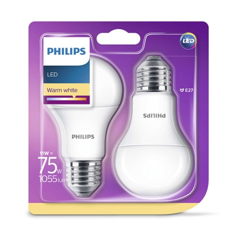 ΣΕΤ 2x Λαμπτήρας LED Philips E27/11W/230V 2700K