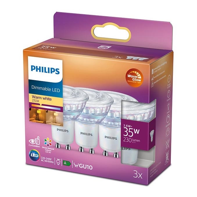 ΣΕΤ 3x LED Dimmable λαμπτήρες Philips Warm Glow GU10/2,6W/230V 2200-2700K CRI 90