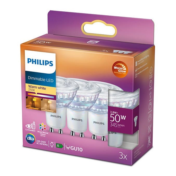 ΣΕΤ 3x LED Dimmable λαμπτήρες Philips Warm Glow GU10/3,8W/230V 2200-2700K CRI 90