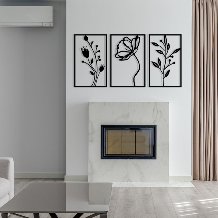 ΣΕΤ 3x Διακοσμητικό τοίχου 78x39 cm λουλούδια μεταλλικό