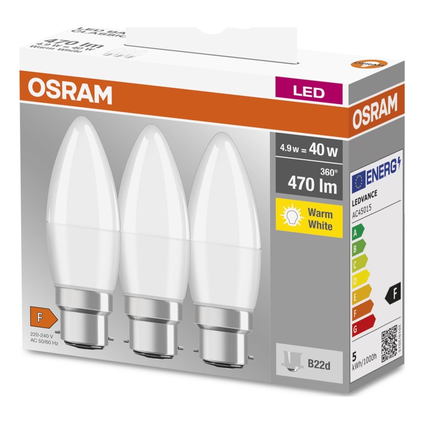 ΣΕΤ 3x Λαμπτήρας LED B38 B22d/4,9W/230V 3000K - Osram