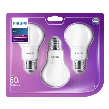 ΣΕΤ 3x Λαμπτήρας LED Philips E27/8W/230V 2700K