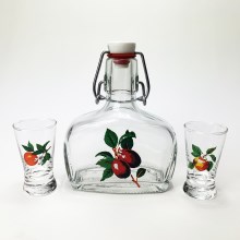 Σετ από 1x γυάλινο μπουκάλι και 2x διαφανή σφηνοπότηρα με σχέδιο φρούτα