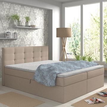Ταπετσαρισμένο κρεβάτι EMBER 180x200 cm με στρώματα και topper με αποθηκευτικό χώρο — μπεζ