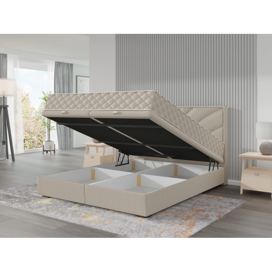 Ταπετσαρισμένο κρεβάτι GINA 160x200 cm με στρώματα και πρακτικό αποθηκευτικό χώρο — κομψό μπεζ