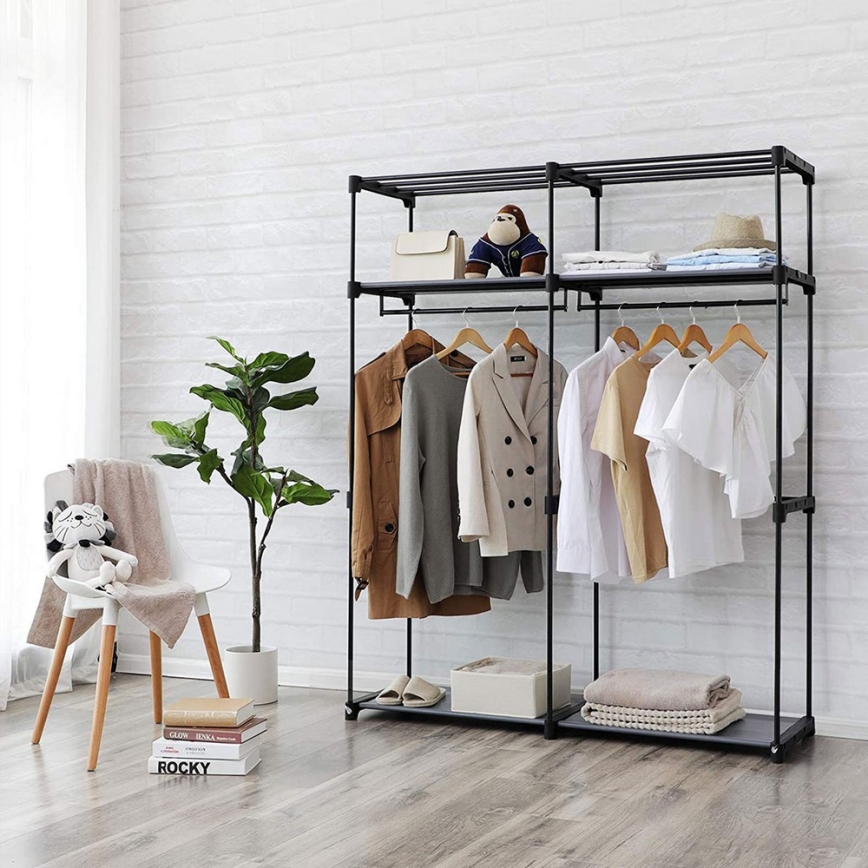 Υφασμάτινη αποθηκευτική ντουλάπα MATIS 140x174 cm, γκρι, με ράφια και ράβδο για κρέμασμα ρούχων