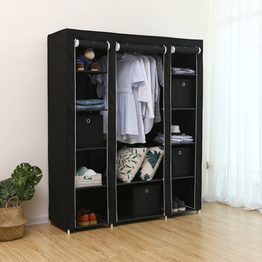 Υφασμάτινη ντουλάπα αποθήκευσης με ράφια και ράβδο κρεμάσματος ρούχων MATIS 150x175x45 cm μαύρη