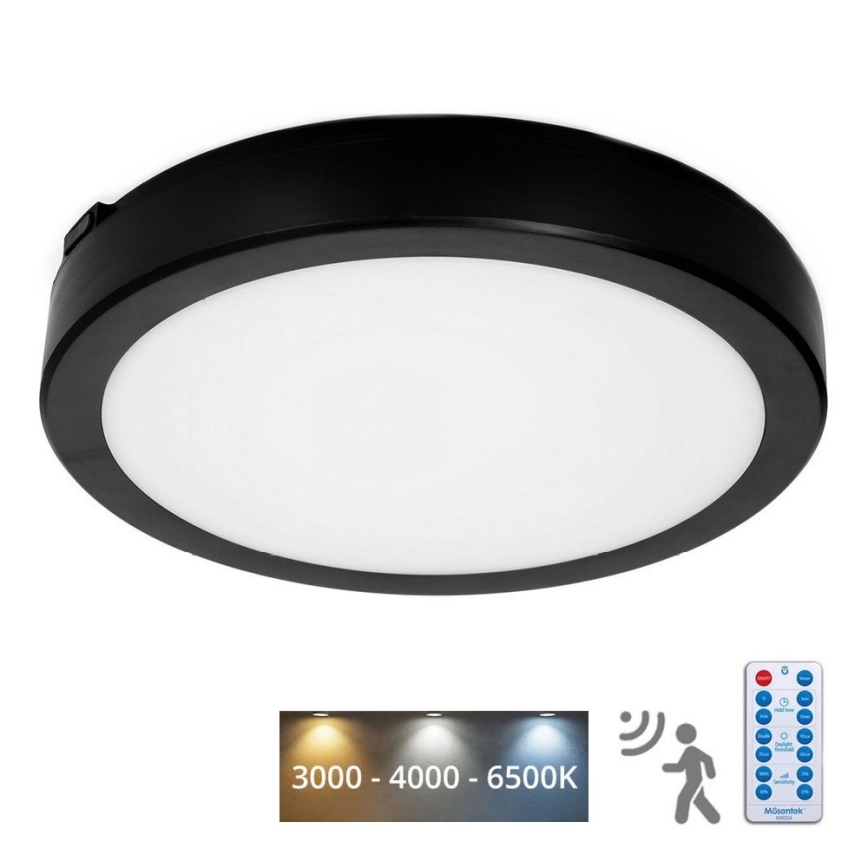 Φωτιστικό οροφής μπάνιου LED με αισθητήρα NAIROS LED/24W/230V IP65 3000/4000/6500K διάμετρος 30 cm μαύρο + τηλεχειριστήριο