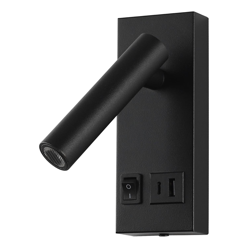 Φωτιστικό σποτ τοίχου LED με USB LED/2W/230V μαύρο