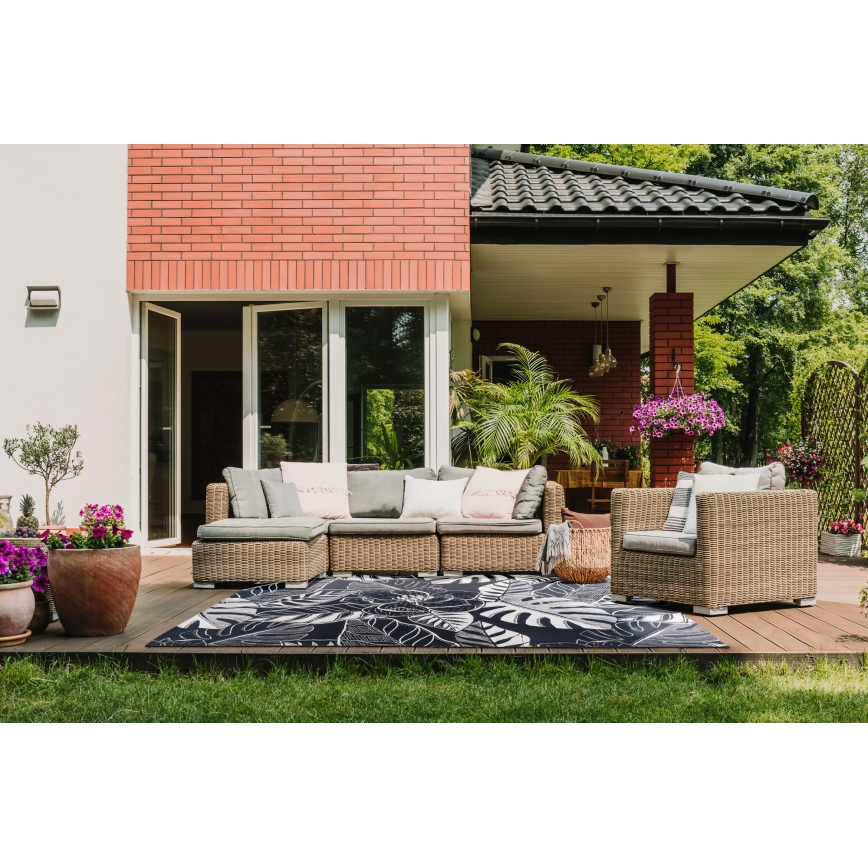Χαλί εξωτερικού χώρου JUNGLE 160x220 cm μαύρο/λευκό/σχέδιο φύλλων