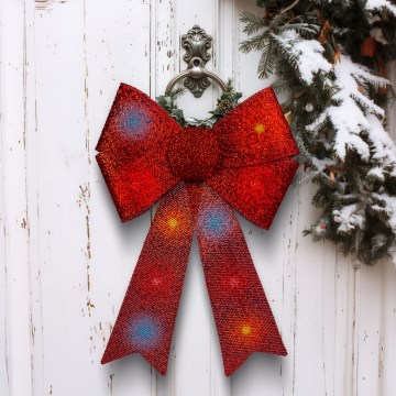 Χριστουγεννιάτικη διακόσμηση LED RGB 11xLED/3xLR44 40x30 cm με κόκκινο φιόγκο