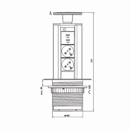 Χωνευτό πολύπριζο γραφείου 2x230V +USB-A 3,1A +UBS-C 15,5W 230V