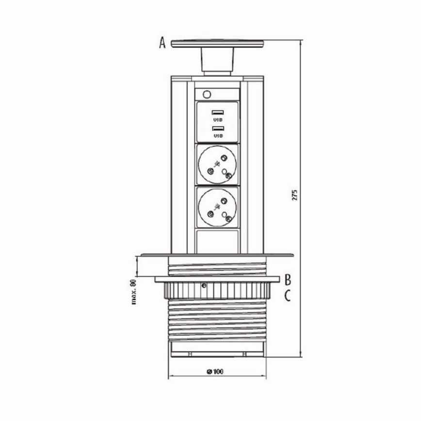 Χωνευτό πολύπριζο γραφείου 2x230V +USB-A 3,1A +UBS-C 15,5W 230V